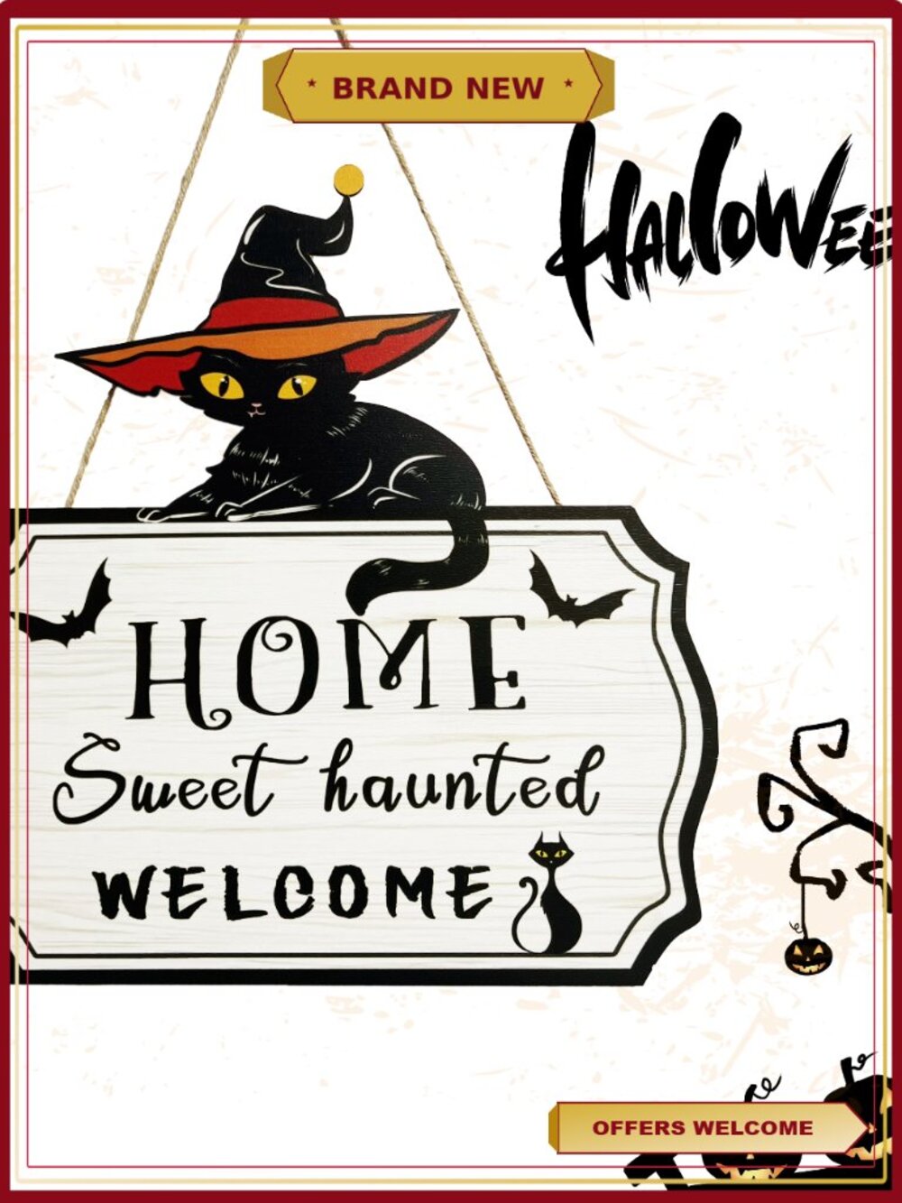 3D Black Cat Door Hanger Wooden Halloween Sign Spooky Welcome Decor